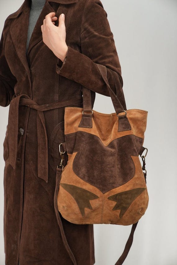 Vintage Suede Leather Shopper Bag With Appliqué Design | Boho