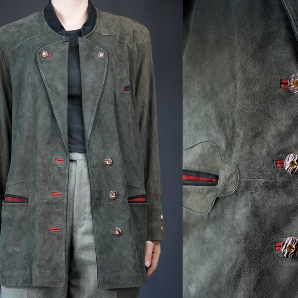 Traditional Trachten Jacket Suede Leather grey green