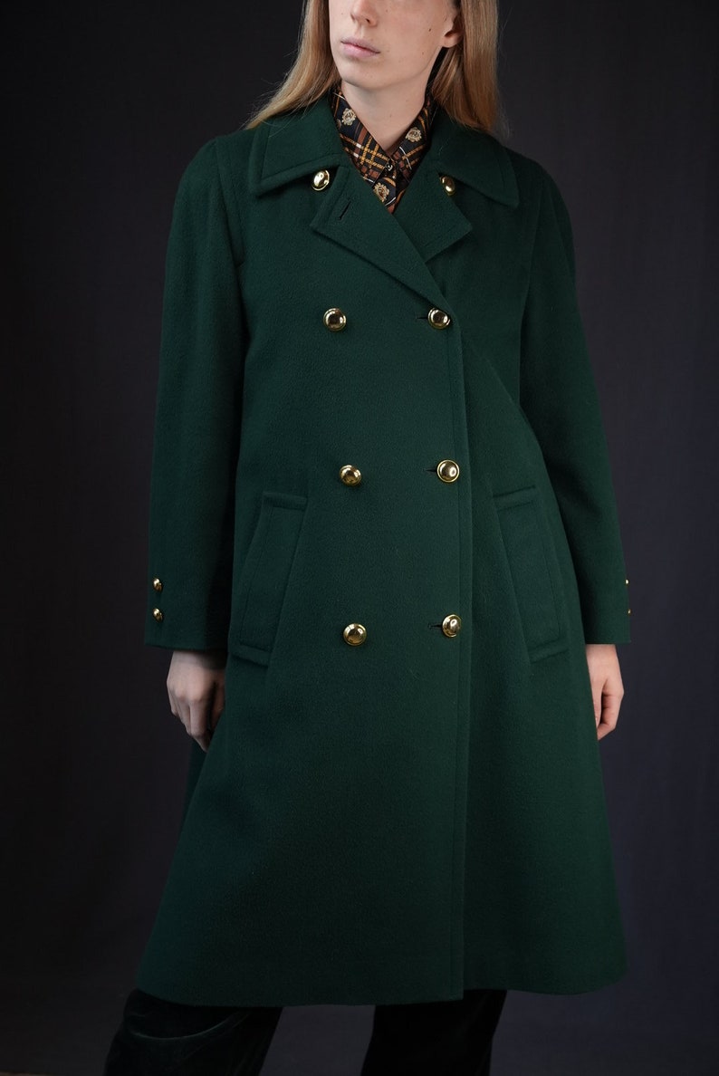 Aquascutum Dark Green Double-Breasted Vintage Wool Coat 20% Cashmere Made in England image 6