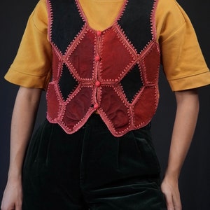 Suede Leather Vest Patchwork with Crochet Details red black image 2