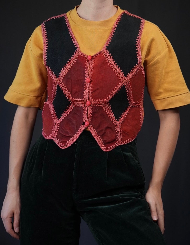 Suede Leather Vest Patchwork with Crochet Details red black image 2