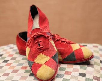 70s Colorful Leather Flats with Checkered Pattern | Women’s Size 38.5 EU, 7.5 US | Made in Italy