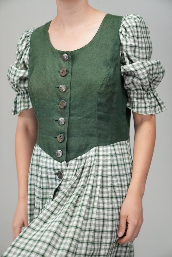 Vintage Gingham Dirndl Dress | Green Linen Bodice & Puff Sleeves | Size XL  | Austrian Folk Dress - Etsy