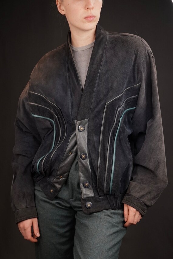 Suede Leather Blouson Jacket Vintage in Dark Blue… - image 4
