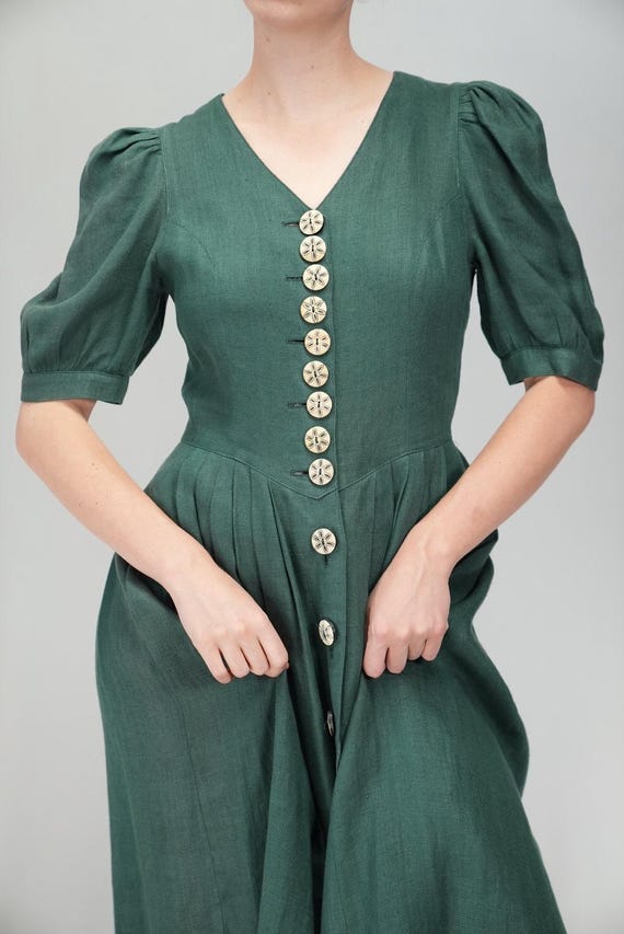 Vintage Pine Green Linen Midi Dress | Berwin & Wolff | Austrian Puff Sleeve Dress | Size S-M