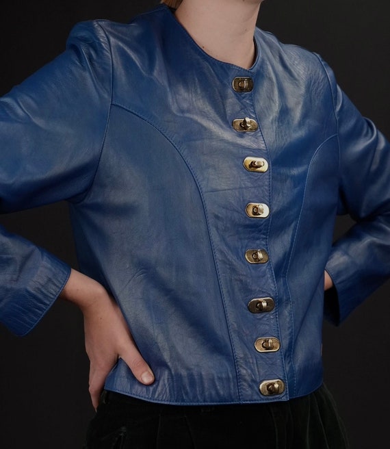 Cobalt Blue Vintage Leather Jacket Cropped with G… - image 1