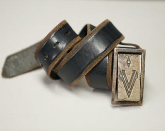 Vintage Carlo Chionna Black Leather Belt | Full Grain Leather | Sculptural Metal Buckle | EU 85 / US W33–34