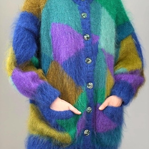 80s Vintage Mohair Cardigan / Mauve Chunky Knit Satin Lining