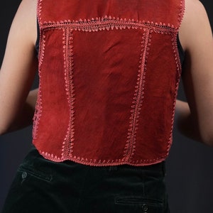 Suede Leather Vest Patchwork with Crochet Details red black image 4