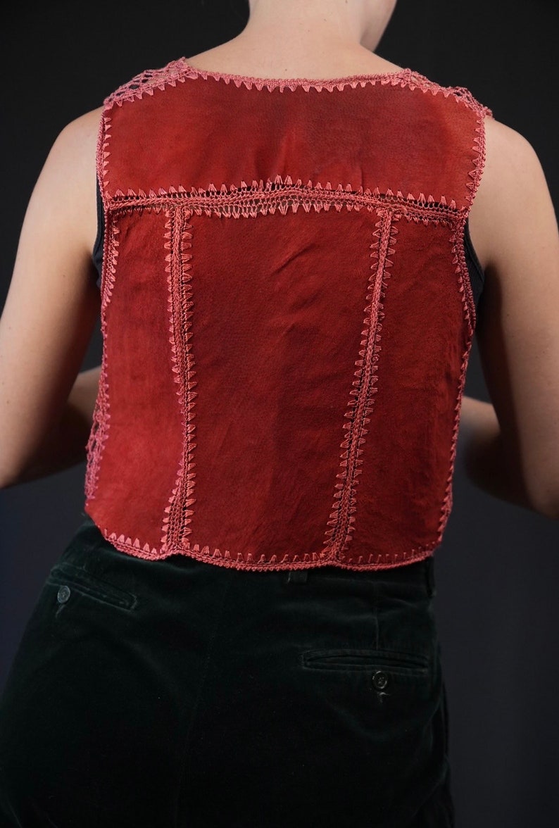 Suede Leather Vest Patchwork with Crochet Details red black image 4