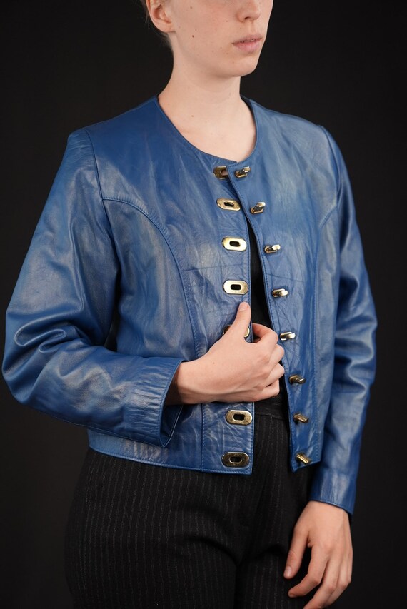 Cobalt Blue Vintage Leather Jacket Cropped with G… - image 3