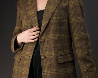 Vintage Checkered Wool Blazer in Khaki Green | Alpaca and Mohair | Pennyblack, Made in Italy