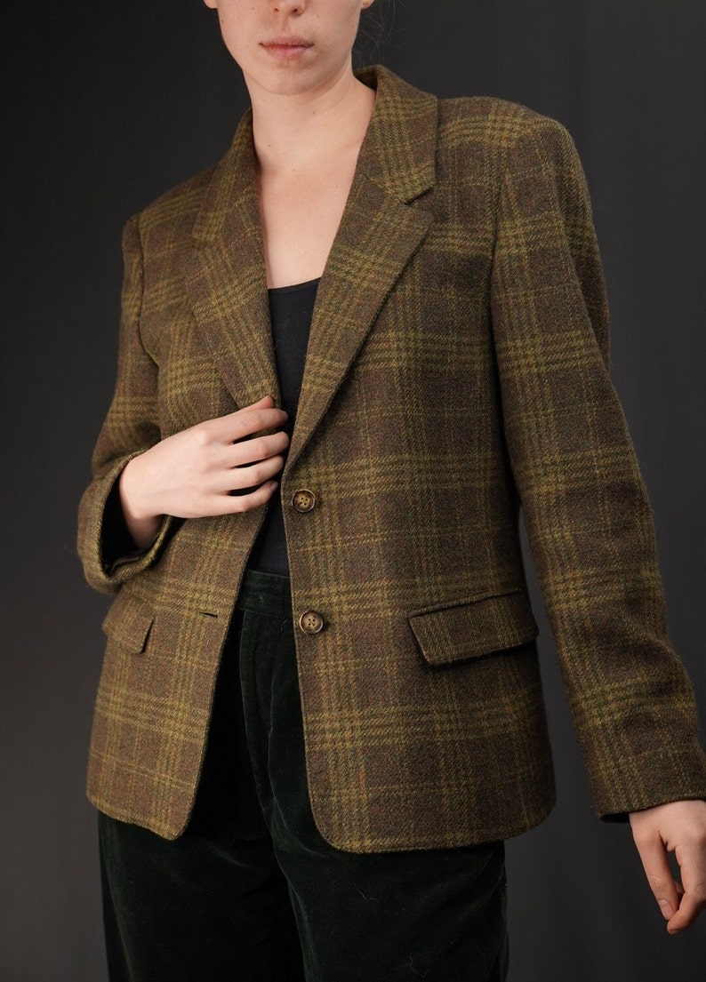 Blazer vintage in lana a quadri in verde kaki/alpaca e mohair/pennyblack, Made in Italy immagine 1