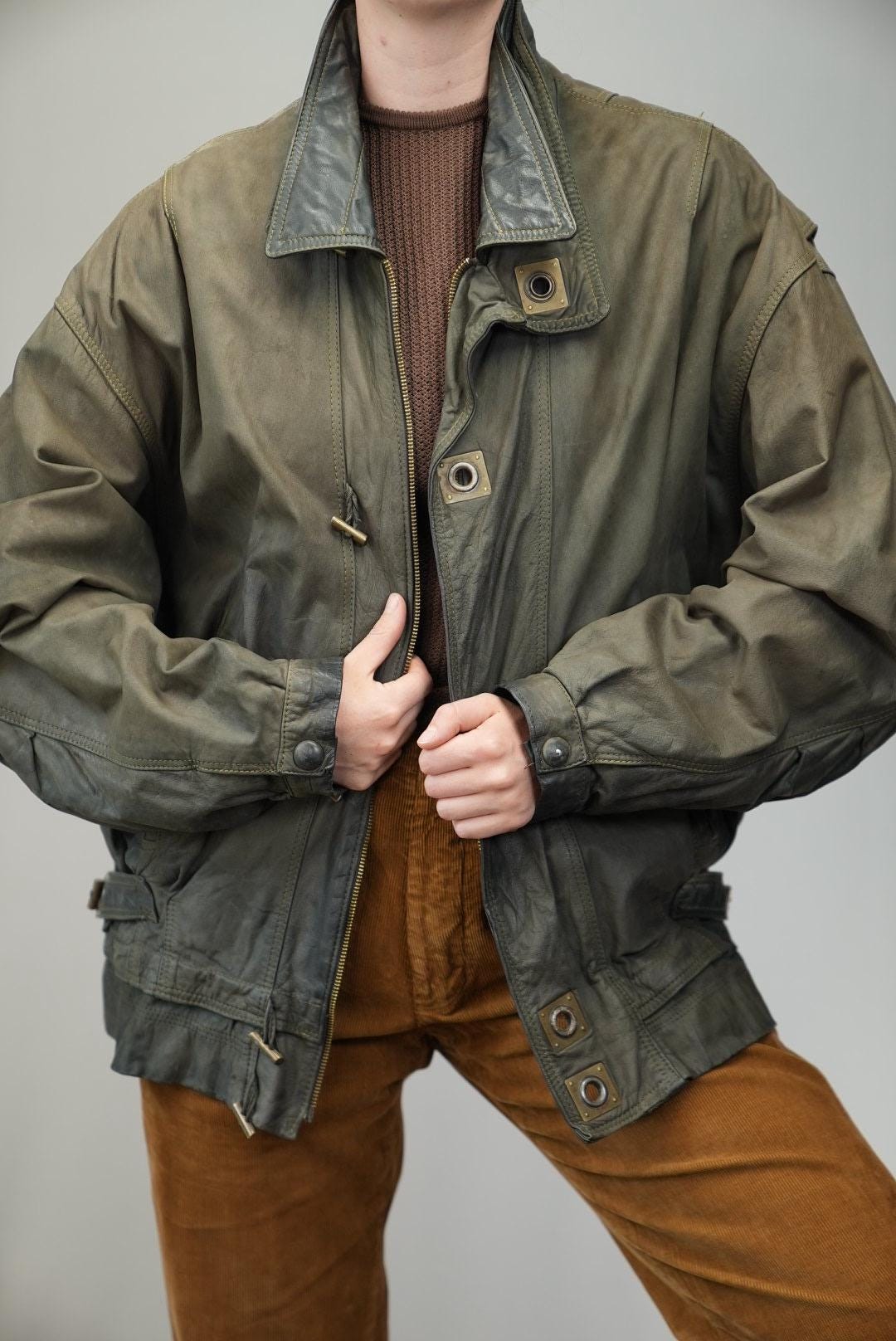 90s Faded Green Oversized Leather Bomber Jacket | Unisex | Size L