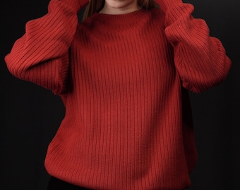Vintage Knitted Cotton Sweater in Red | Made in England