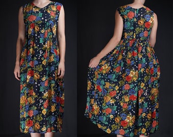 Vintage Viscose Maxi Dress with Flower Pattern