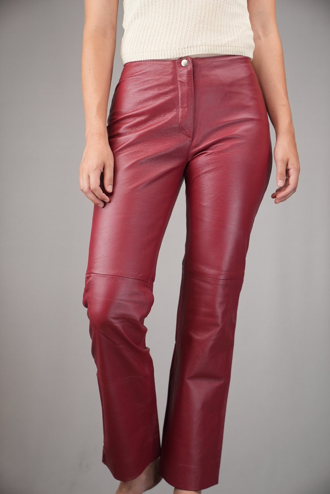 Cherry Red Leather Pants Vintage | 1990s Women's Biker Pants