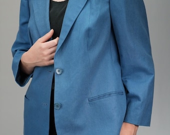 Blue Vintage Linen Blazer | 90s Minimal Summer Jacket | Size L | Made in Italy