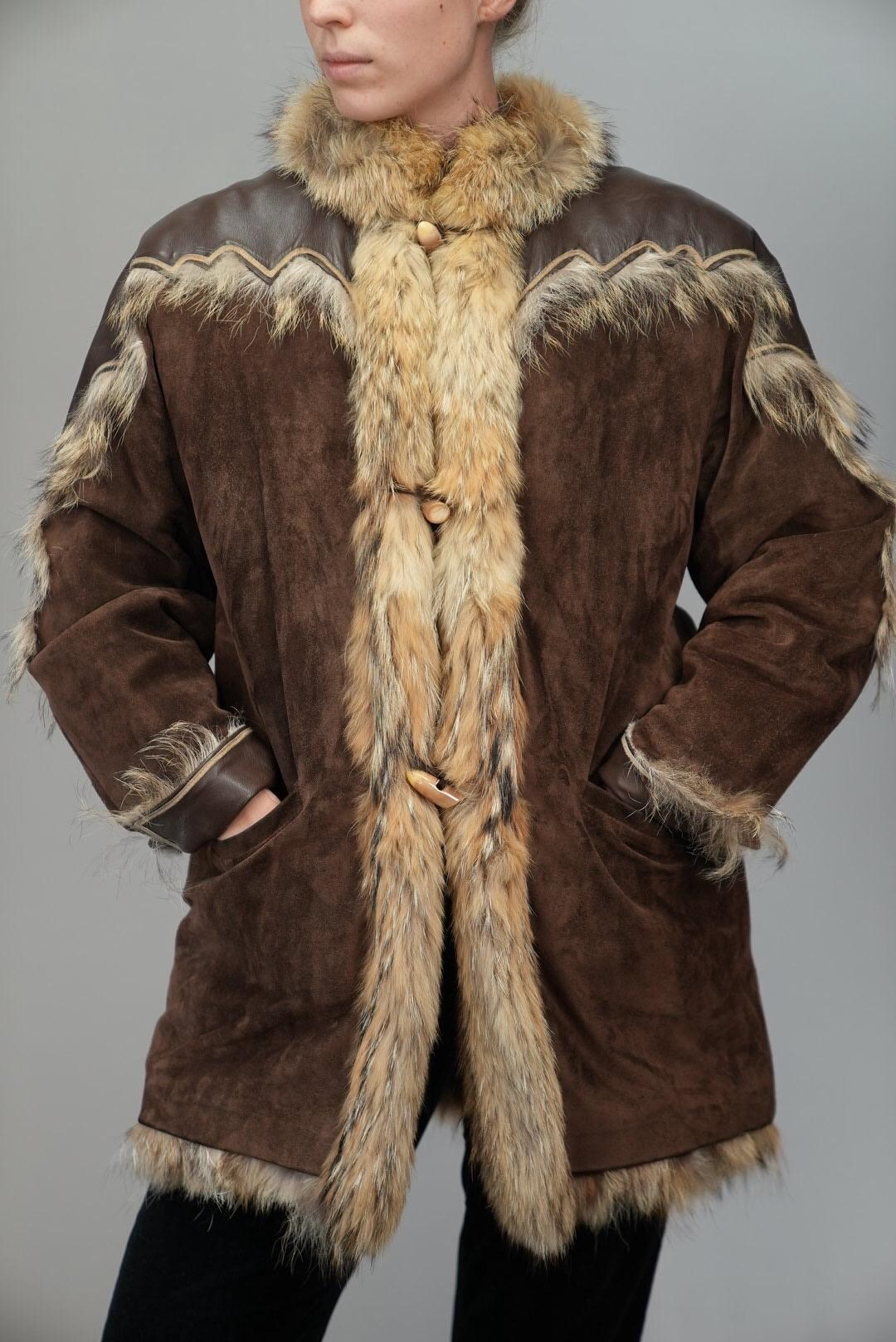 1970s French Suede Coat With Real Fox Fur Trim & Lining | Size XL