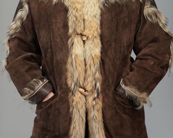 1970s French Suede Coat with Real Fox Fur Trim & Lining | Size XL | Boho Western Vintage| Made in France by Nicole Blondelle