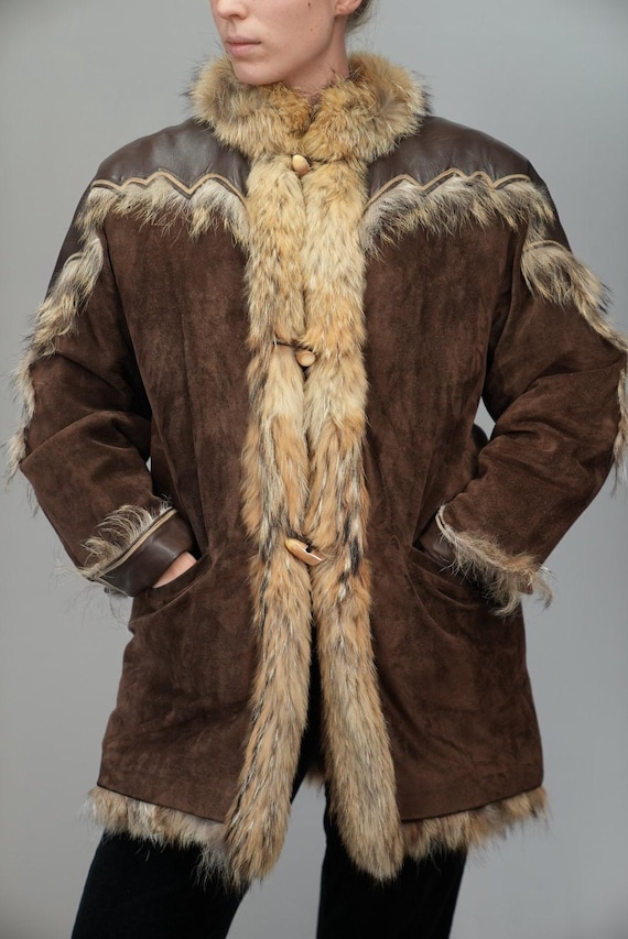 1970s French Suede Coat With Real Fox Fur Trim & Lining | Size XL