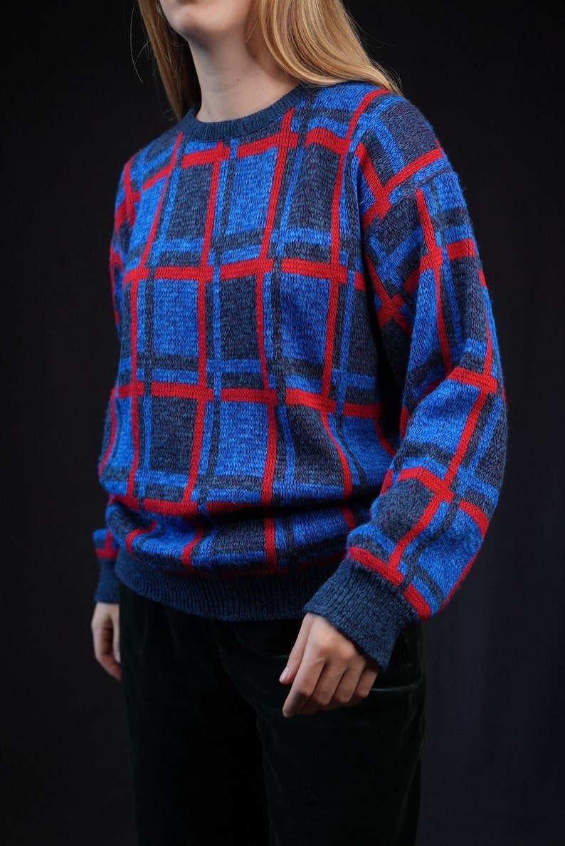 Vintage Sweater with Graphic Pattern blue red Made in Denmark image 1