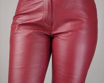 LEVI’S RED / asymmetry leather pants Cherry Red Leather Pants Vintage | 1990s Women's Biker Pants