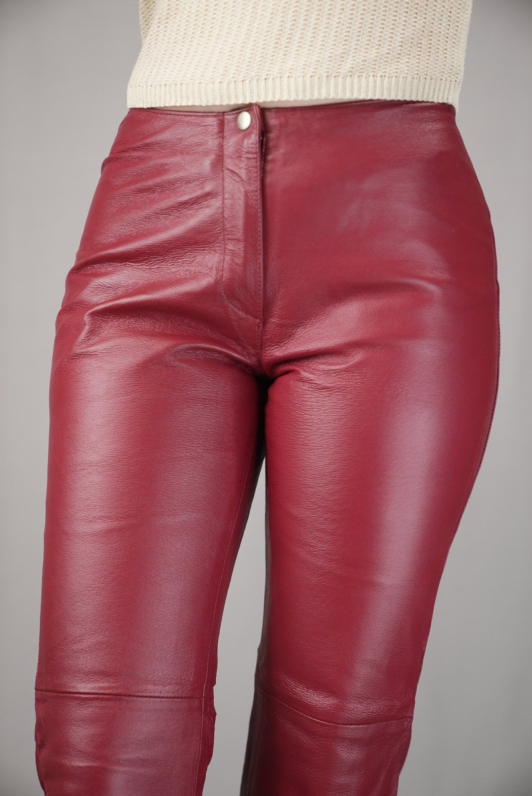 Cherry Red Leather Pants Vintage | 1990s Women's Biker Pants