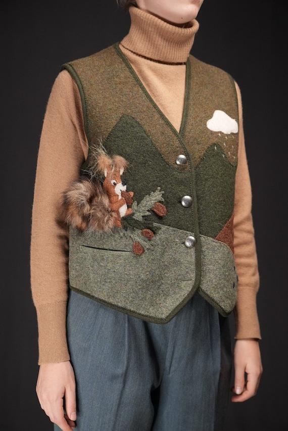 Boiled Wool Vest Austrian Vintage with Squirrel De