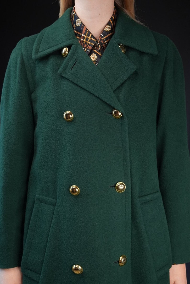 Aquascutum Dark Green Double-Breasted Vintage Wool Coat 20% Cashmere Made in England image 1