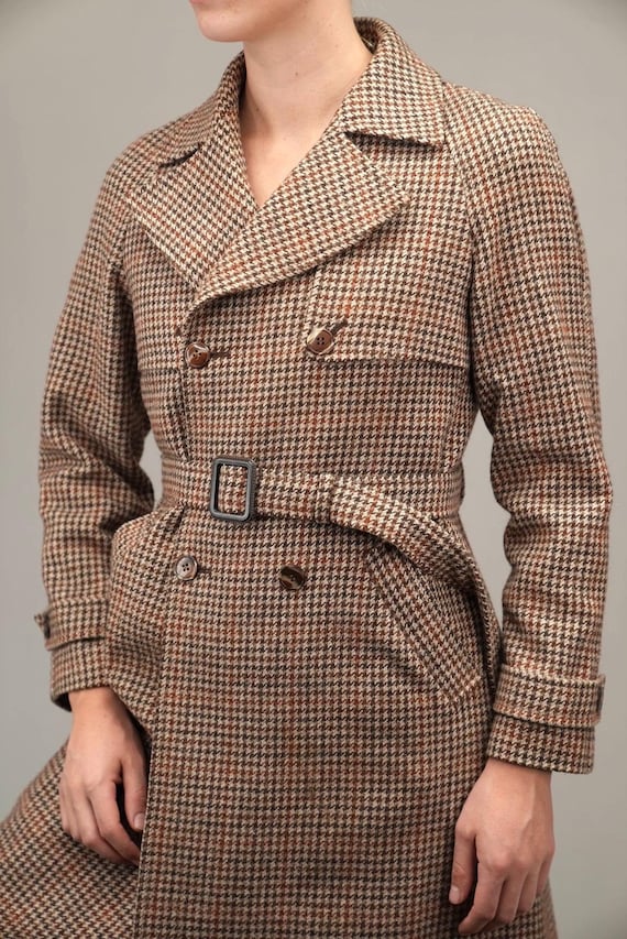 Italian Vintage Tailored Wool Trench-coat With Houndstooth Pattern