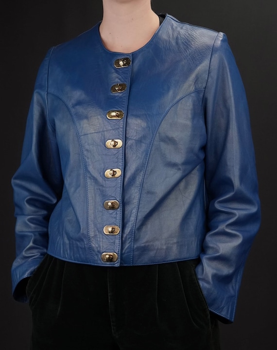 Cobalt Blue Vintage Leather Jacket Cropped with G… - image 2