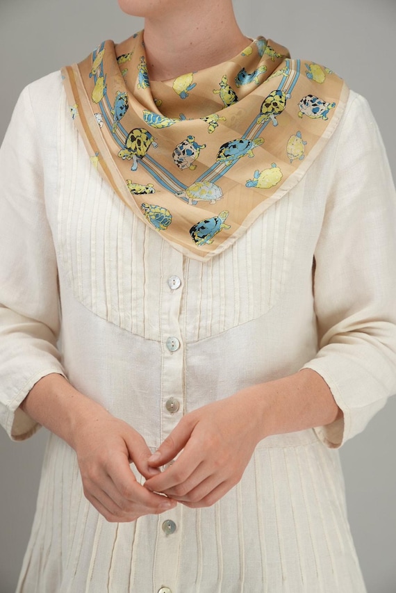 Vintage Silk Turtle Foulard | Novelty Animal Print Scarf | Beige Silk Square | 50 x 50 cm