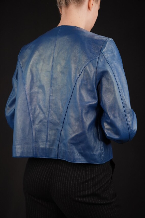 Cobalt Blue Vintage Leather Jacket Cropped with G… - image 8