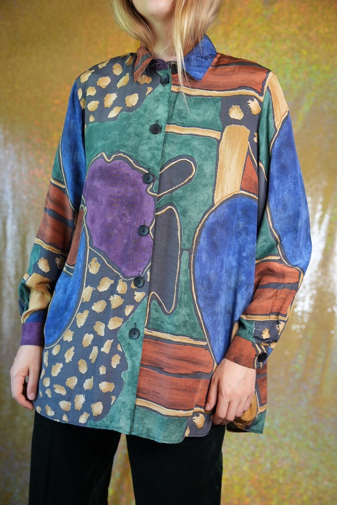 Camicia Blusa Vintage con Motivo Geometrico Astratto colorato anni