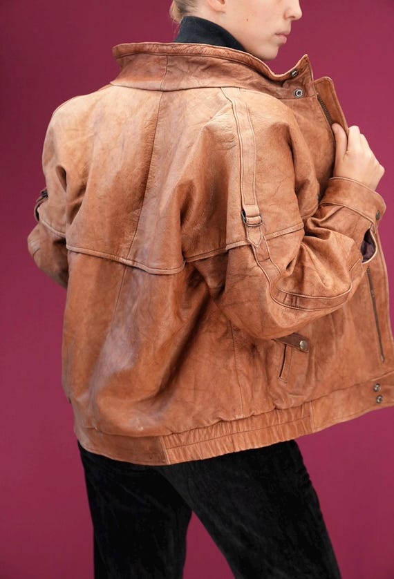 Buy VINTAGE Liukoo Leather Biker Jacket in Caramel Brown, 80s