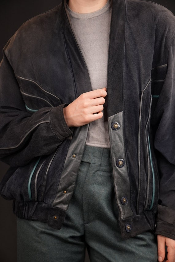 Suede Leather Blouson Jacket Vintage in Dark Blue… - image 3