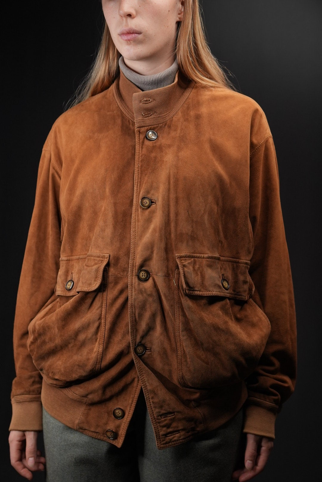 Classic Suede Leather Bomber-jacket in Cognac Tone | Vintage by 
