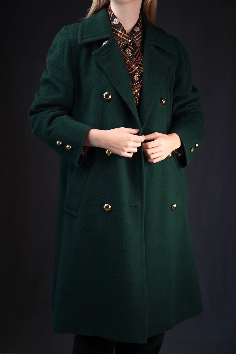 Aquascutum Dark Green Double-Breasted Vintage Wool Coat 20% Cashmere Made in England image 8
