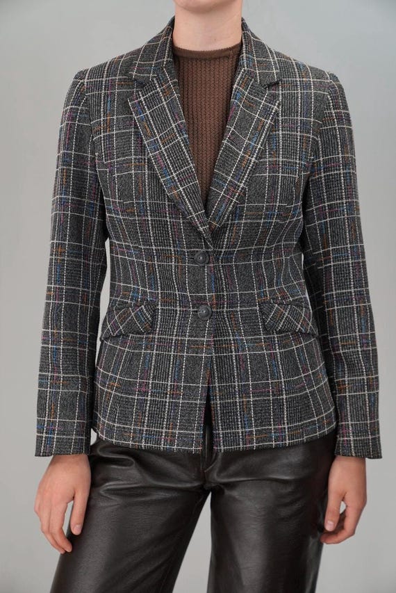 Tailored 80s Blazer in Charcoal Grey with Plaid Pattern and Colorful Accents | Size M | Vintage