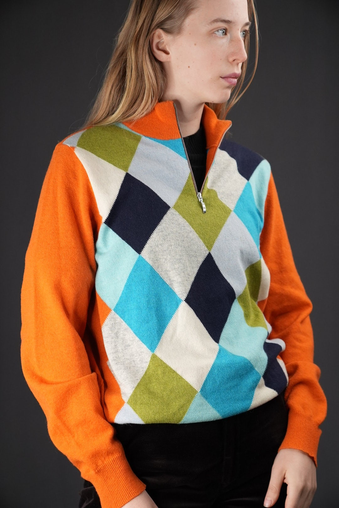 Colorful Italian Vintage Wool Sweater With Diamond Pattern