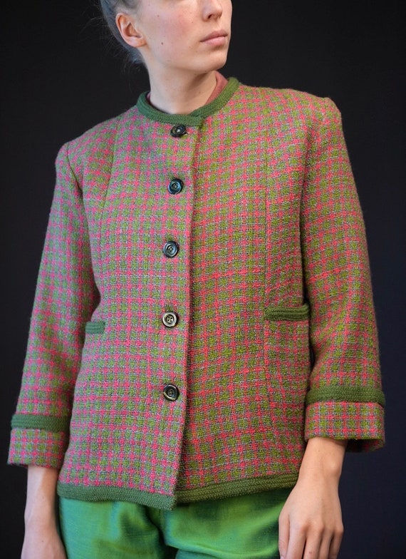 Boucle Vintage Jacket in Green and Pink Tartan | … - image 2