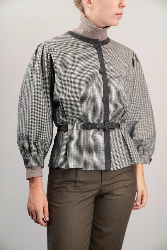 Luisa Spagnoli 1980s Blazer with Peplum Waist and Bishop Sleeves | Wool Blend Jacket, Vintage | Houndstooth Pattern