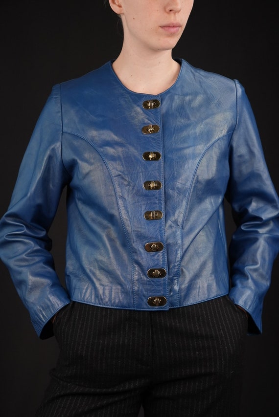 Cobalt Blue Vintage Leather Jacket Cropped with G… - image 6