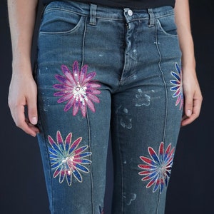 Versace Jeans Couture Flared Low Rise Jeans with Flower Sequins Embroidery / Made in Italy
