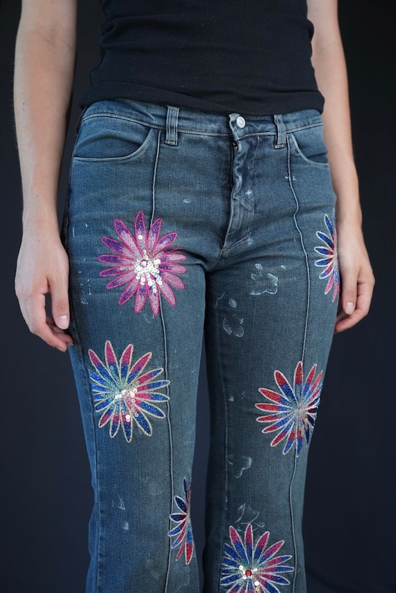 Versace Jeans Couture Flared Low Rise Jeans with Flower Sequins Embroidery / Made in Italy