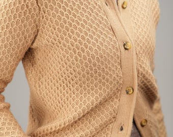 Honeycomb Knit-Pattern Cardigan in Warm Beige | Vintage, 70s | Women' Size M