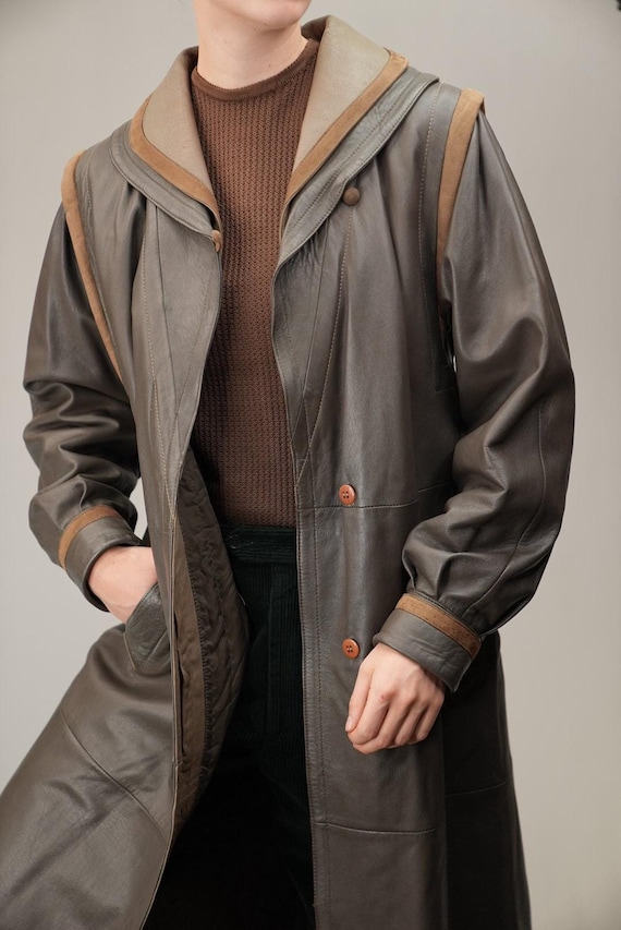80s Leather Maxi Coat | in Taupe With Suede Details and 80s Leather Maxi Coat | in Taupe With Suede Details and