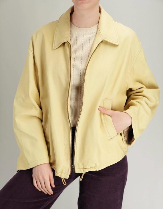 Pale Yellow Vintage Leather Jacket Cropped | Women's XL, Men's L | 90s, Made in Italy