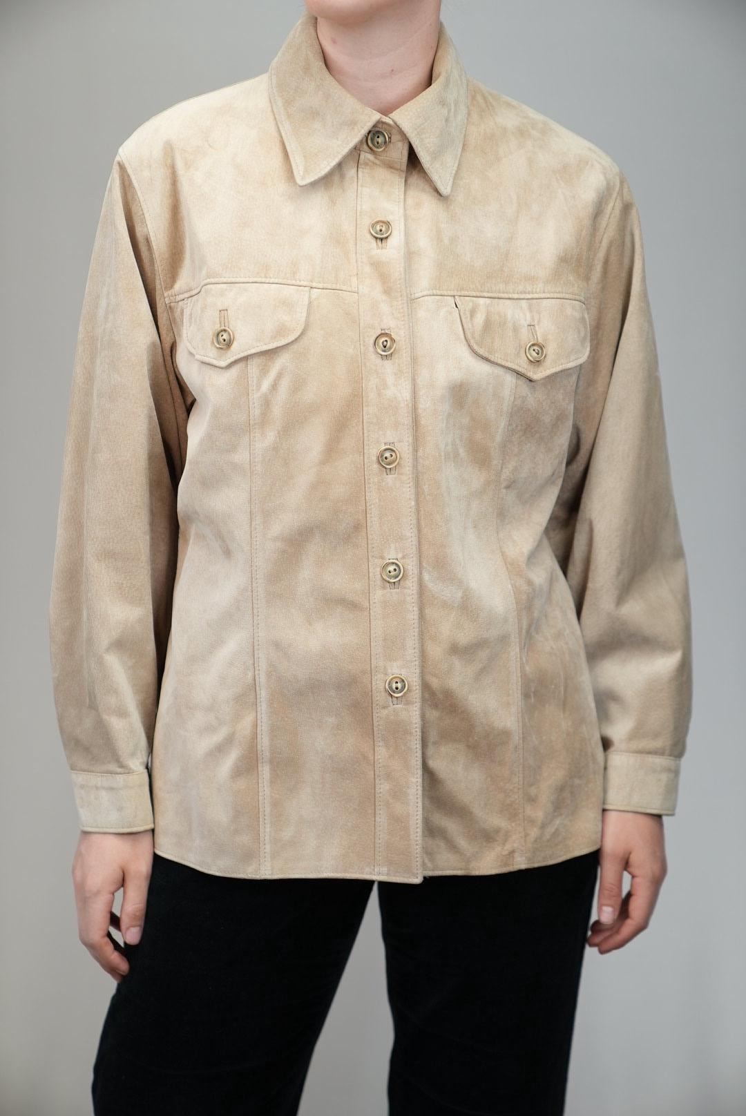 80s Italian Suede Shirt Jacket | Thick Tan Leather With Satin